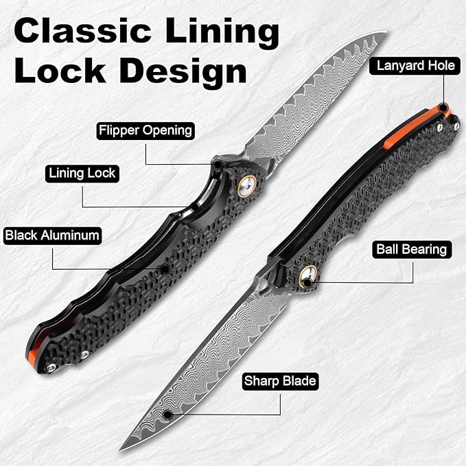Damascus Pocket Knife for Men Women, 3.35" VG10 Core Damascus Steel Blade Folding Knives with Black