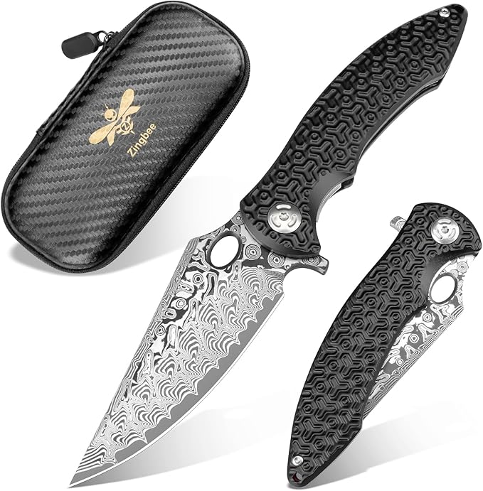 Pocket Knife for EDC Damascus Pocket Knife with Black Aluminum Handle 3.3" Damascus Blade Pocket