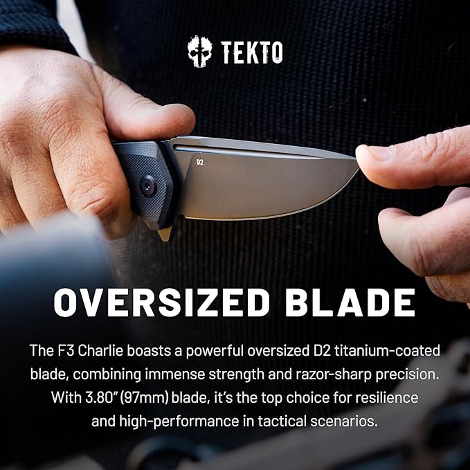 F3 Charlie Button Lock Folding Knife, Oversized Fine Edge Blade, Tactical Black G10 Handle - Easy