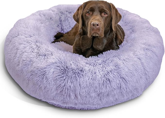 Best Friends by Sheri Original Calming Donut Dog and Cat Bed, Shag Faux Fur, Lavender, (36in x