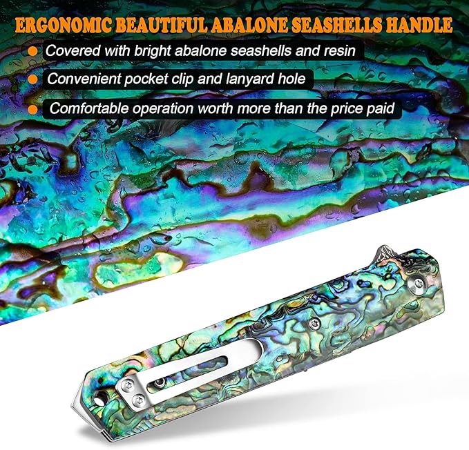 AUBEY Damascus Pocket Knife with Clip, Sharp Tanto Blade with VG10 Core Folding Knife with Abalone