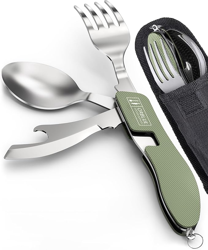 Orblue 4-in-1 Camping Eating Utensils, 2-Pack - Portable Spoon, Fork, Knife & Bottle Opener Combo
