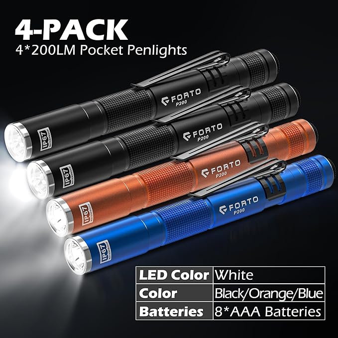FORTO LED Pen Light, 200 Lumens Pocket Flashlight, IP67 Waterproof, 2 Modes, 2 Pack with AAA