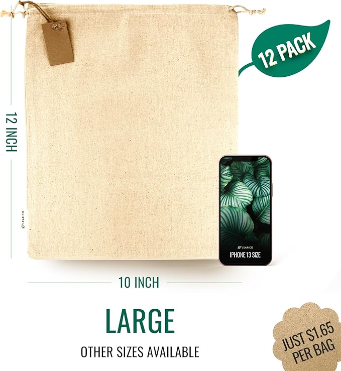 LEAFICO Multipurpose Eco Cloth Bags - Large 10x12 Inch (12 Pack) - Cotton Produce Storage Sacks