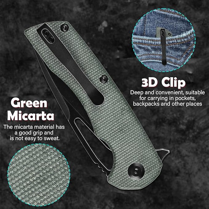KANSEPT Kryo Pocket Knife 8.08in Folding Knives with 3.58in12C28N Steel Drop Point Blade and Green