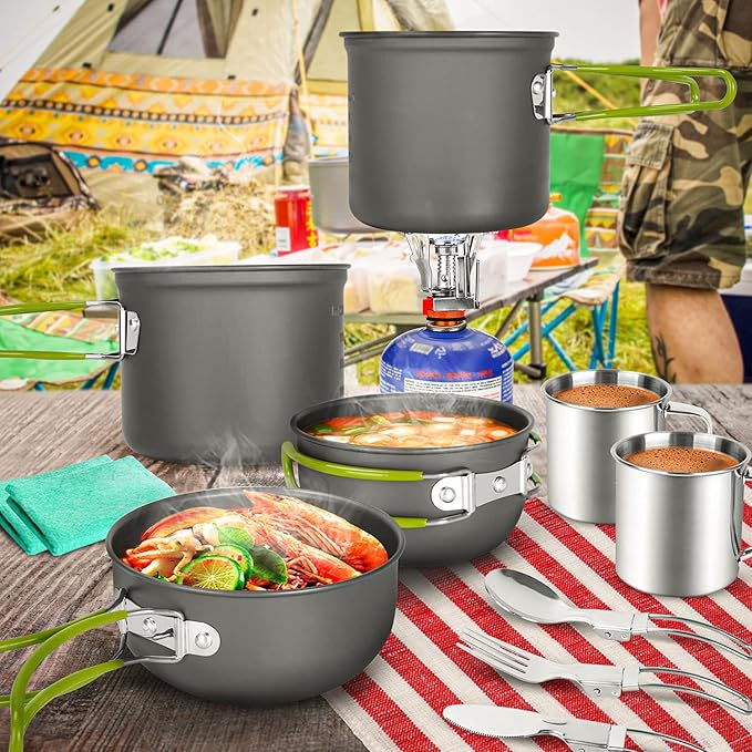 Odoland 16pcs Camping Cookware Mess Kit, Lightweight Pot Pan Mini Stove with 2 Cups, Fork Spoon