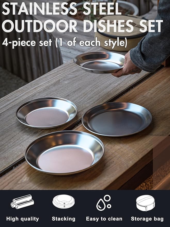 CAMPINGMOON Camping Plates 4 pack set Salad Side Dinner Plate Dishes Outdoor Tableware Stainless