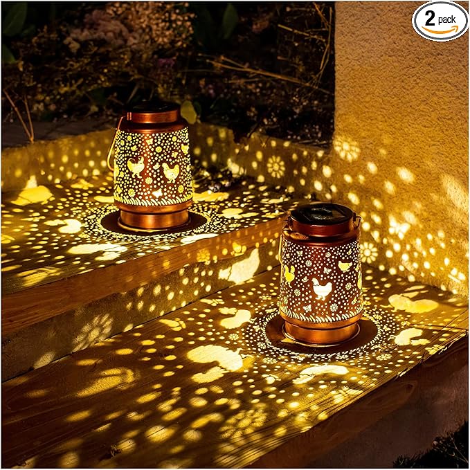 2 Pack Solar Chicken Lanterns Outdoor Waterproof Hanging Lights for Garden Decor, Yard, Patio
