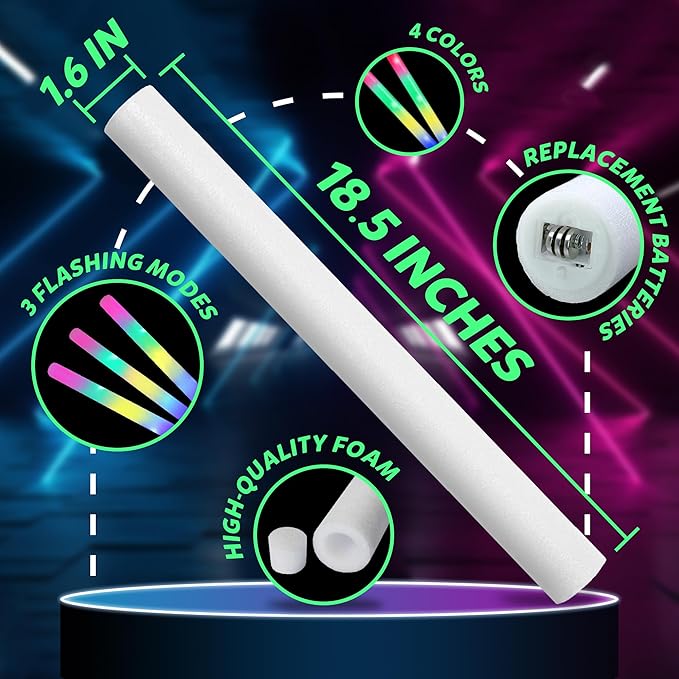 100 Pcs 18.5 inch Foam Glow Sticks Bulk, 4 Color LED Light Foam Sticks, Glow In The Dark Party