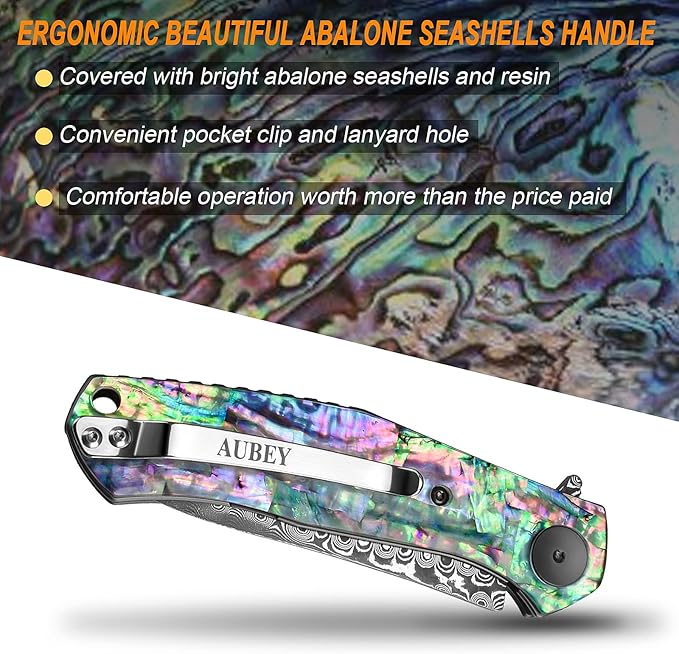 AUBEY Damascus Pocket Knife for Women Men, Sharp 3.23" Damascus Steel Blade Knife with Clip, EDC