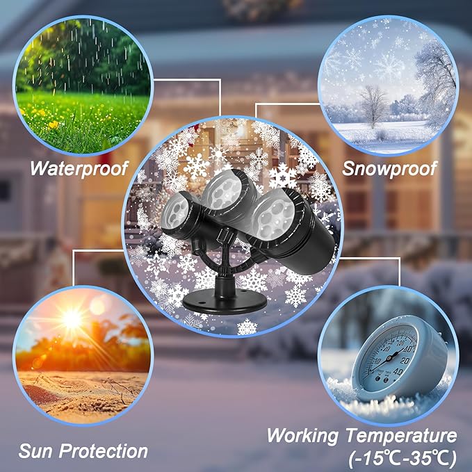 Snowflake Christmas Projector Lights Outdoor, [Timer] Triple Head Snowflake Projector Light
