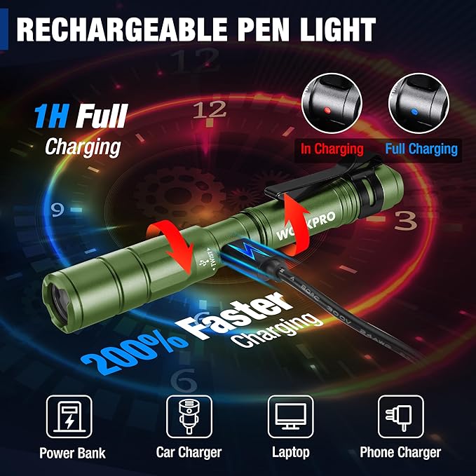 WORKPRO Rechargeable Pen Light, Mini Flashlight, 2 Pack Ultra-Compact EDC Flashlight, Pocket