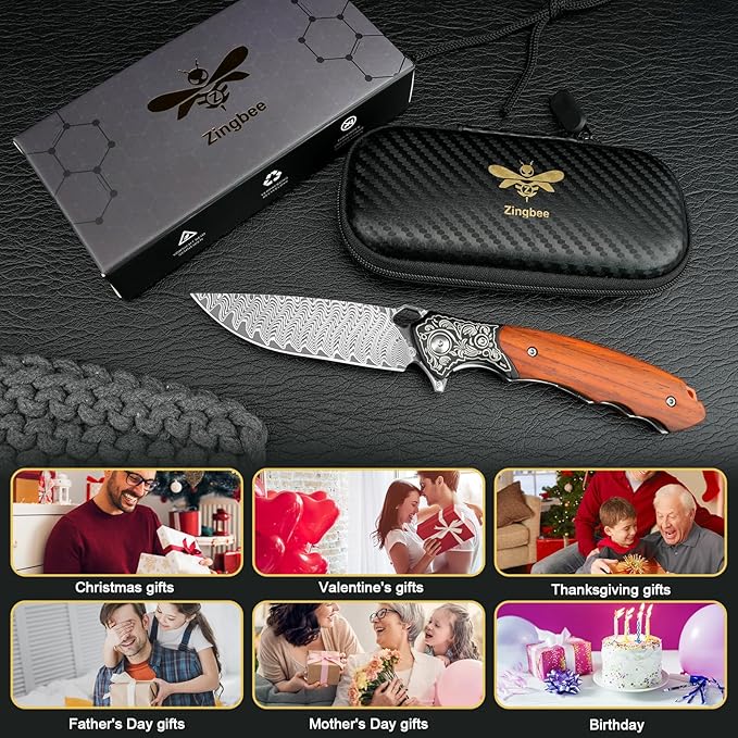Damascus Folding Knife, 3.39" VG10 Core Damascus Steel Blade Pocket Knife for EDC, Wood Handle