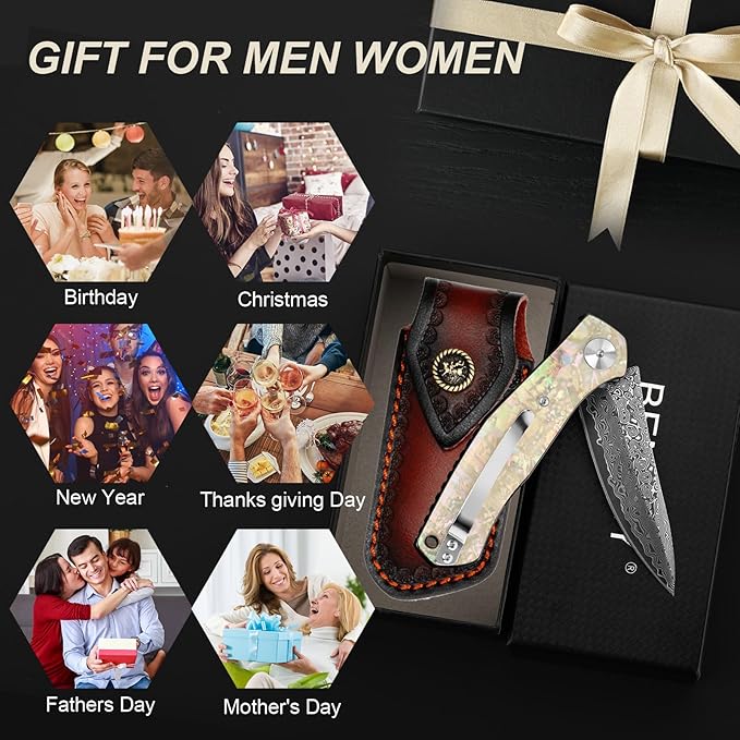 Benkey Damascus Pocket Knife, Extremely Sharp VG10 Core Damascus Steel Folding Knives with Clip and