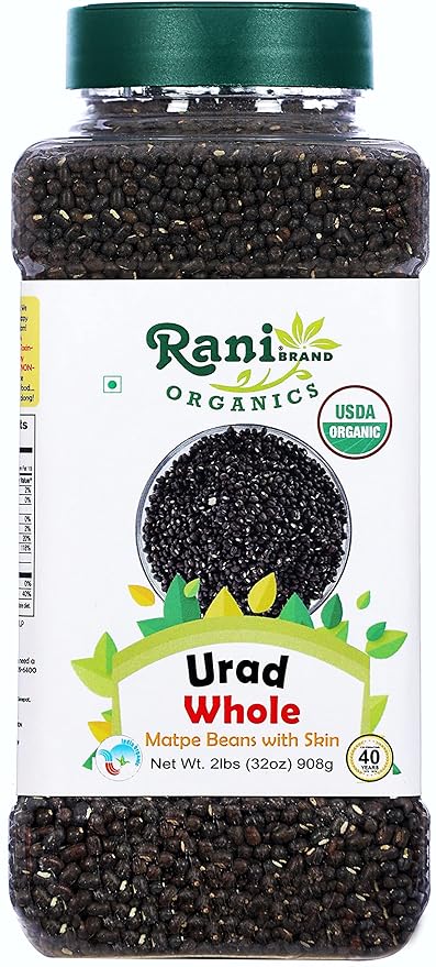 Rani Organic Urid/Urad Whole Black (Matpe Beans With Skin) Indian Lentils 32oz (2lbs) 908g PET Jar
