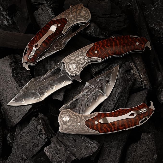 handmade damascus steel pocket folding knife, Snakewood handle with pocket clip and leather case