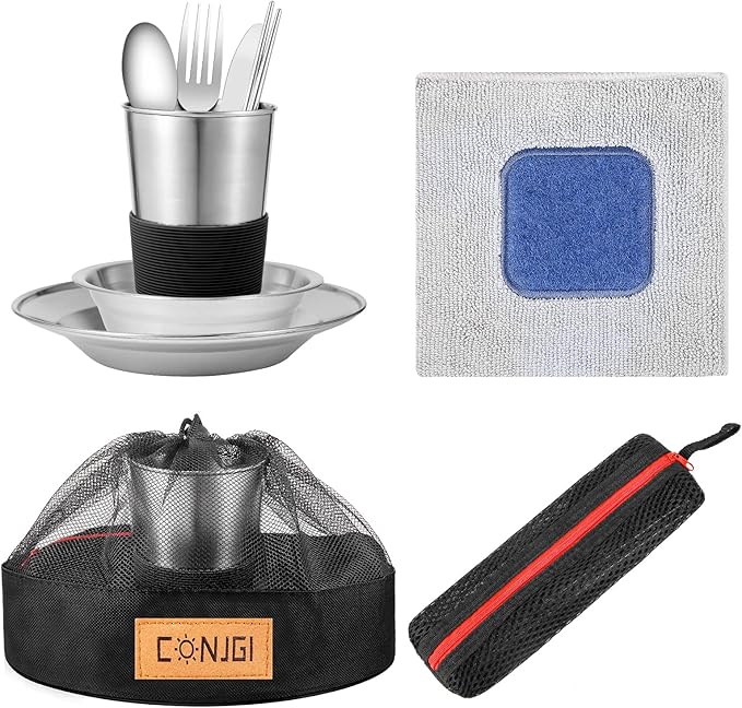 Outdoor Camping Mess Kit - 1 to 2 persons Camping Dishes Includes Cups, Bowls, Dishes, Knives