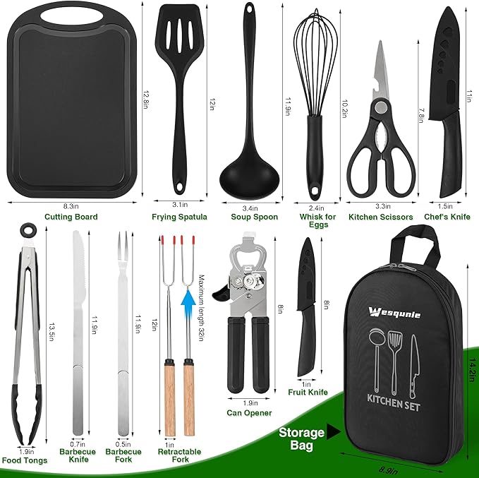 Camping Essentials Cookware Cooking Utensils Set - Portable Camp Kitchen Mess Kit Outdoor