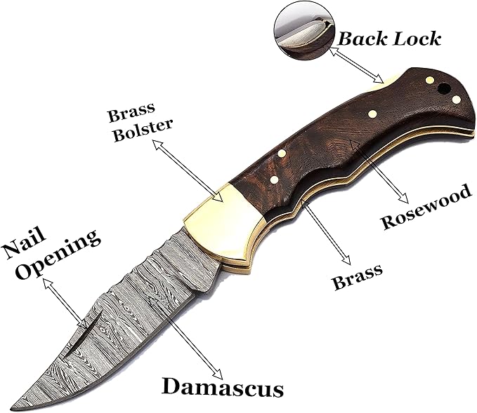 6.5" Handmade Damascus Steel Folding Hunting Knives For Men, Pocket Knife For Camping, Survival