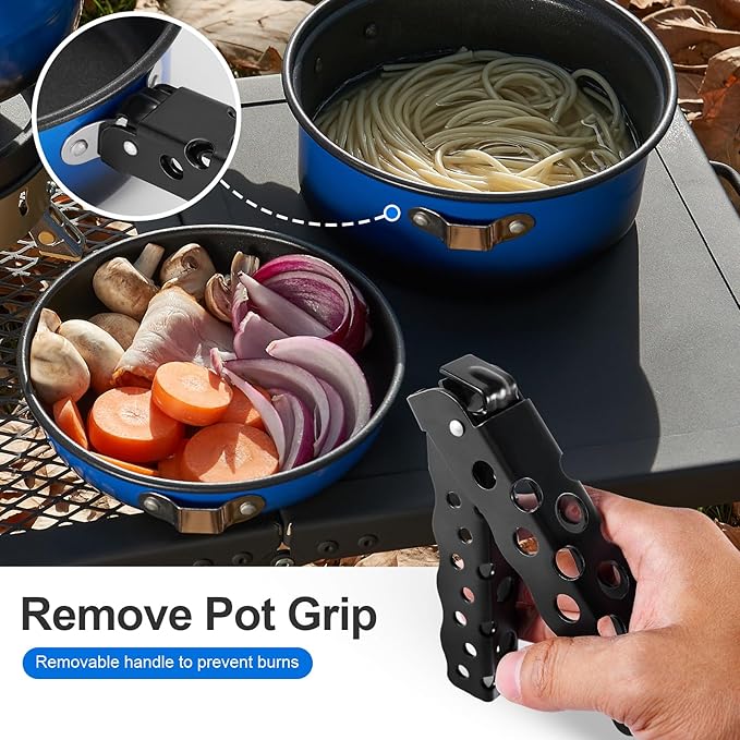 Odoland 5pcs Camping Cookware Non-Stick Camping Pot and Pan Set with Kettle and Removable Handle
