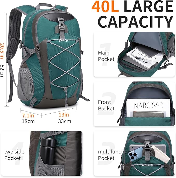 40L Hiking Backpack Lightweight Daypack Waterproof Travel Camping Backpack for Men Women Sport