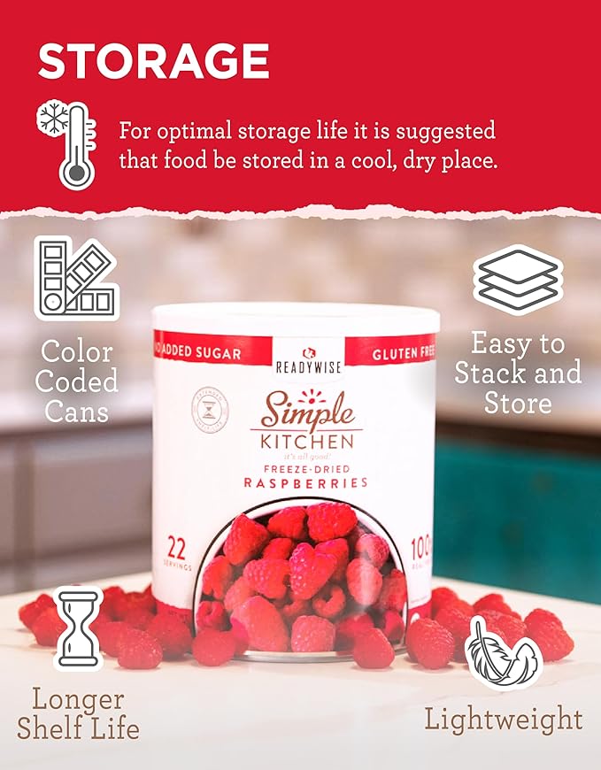 READYWISE - Simple Kitchen Freeze Dried Raspberries, 22 Servings, Vegan, Gluten Free, Healthy