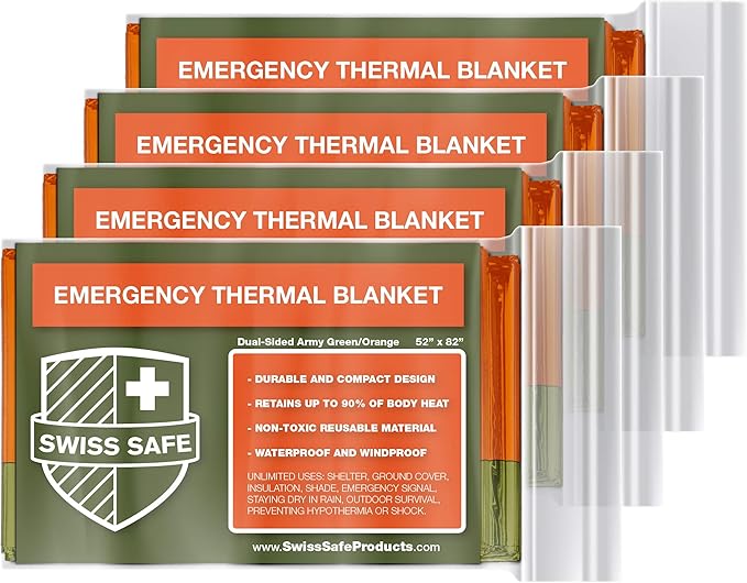 Swiss Safe 4 Pack Mylar Emergency Blankets for Survival - Compact & Insulated for Cold Weather