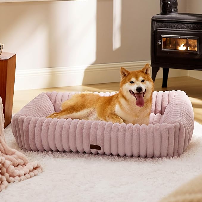 Bedsure Cute Dog Bed for Large Dogs - Washable Furry Puppy Beds, Rectangle Orthopedic Corduroy