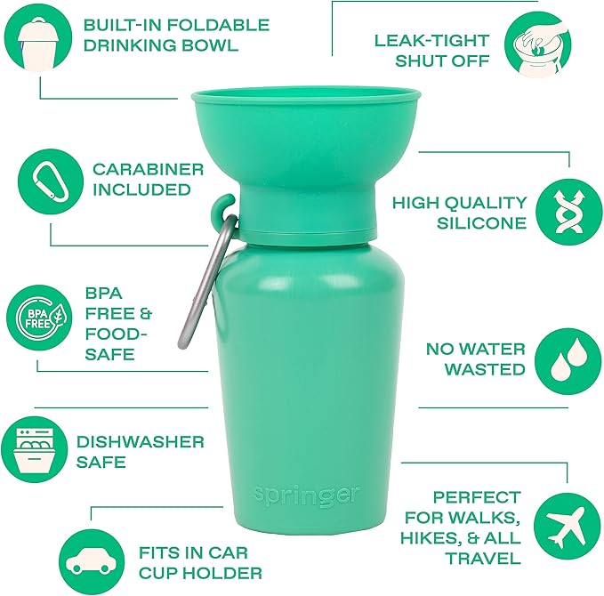 Springer Flip Portable Dog Water Bottle with Foldable Food Grade Silicone Bowl - 20 Ounce Travel