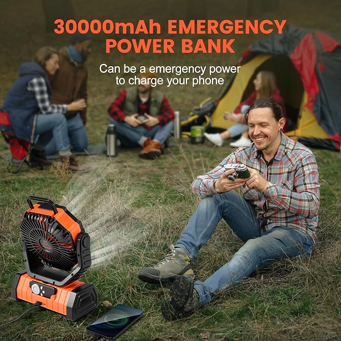 Odoland 30000mAh Camping Fan with LED Lantern, Rechargeable Battery Operated Oscillating with