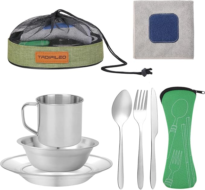 Stainless Steel Camping Cutlery Set - 8 Piece, Includes Spoons, Mugs, Bowls, Plates, Rags &