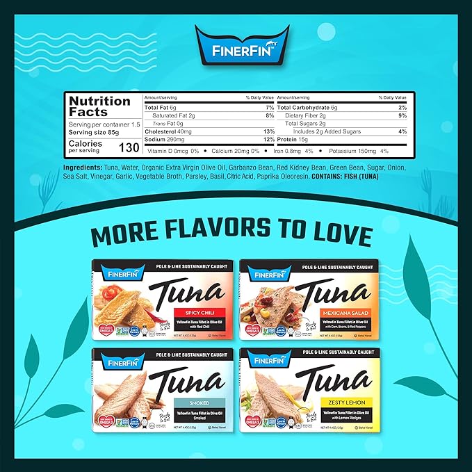 FinerFin Yellowfin Tuna In Organic Olive Oil ??3 Bean Salad Flavor (4.4oz can - 6 Pack); Premium