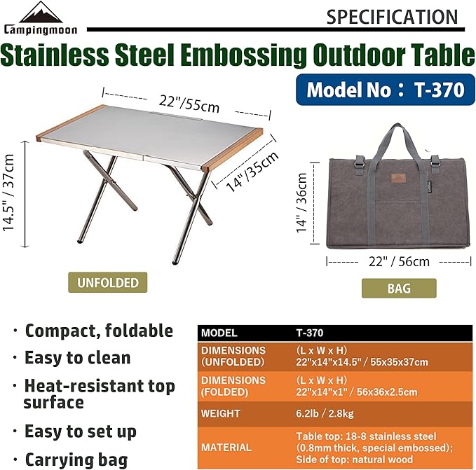 CAMPINGMOON Camping Side Table Heat-Resisting Stainless Steel Embossing Process for Outdoor Table