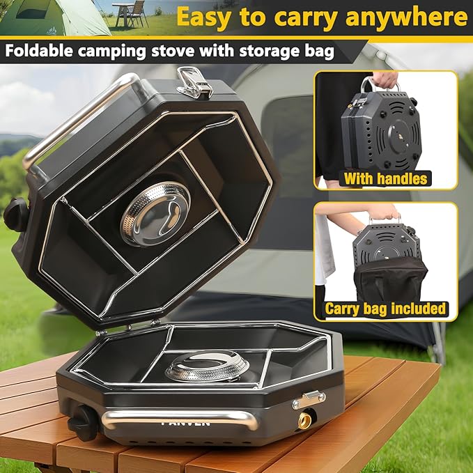 Camping Stove Propane, 2 Burner Camp Stove, 20,000 BTU Propane Camping Stoves, Portable Gas Stove