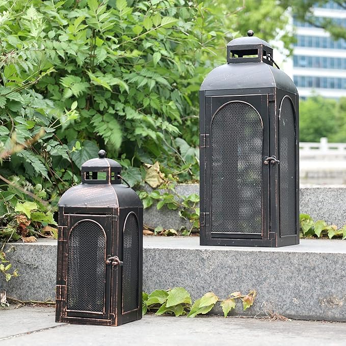 DECORKEY Luxury Lantern Decorative Outdoor & Indoor, Set of 2 (19’’&13’’) Metal Candle Lanterns