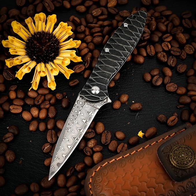 Damascus Pocket Knife, 2.87" Damascus Blade Folding Knives with Stainless Steel Handle, EDC Knife