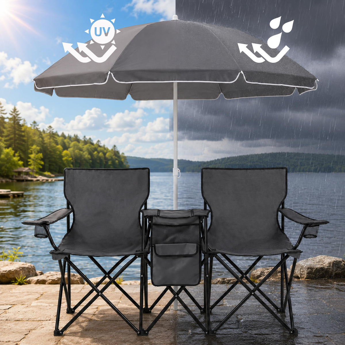 DOALBUN Folding Double Camping Chair with Umbrella Portable Picnic Chair
