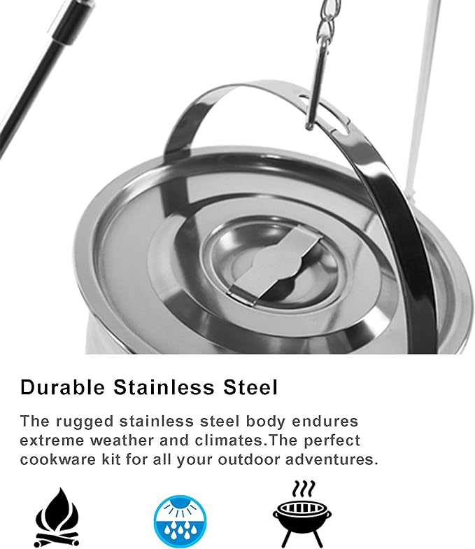 Camping Cookware Set - Compact Stainless Steel Campfire Cooking Pots and Pans | Combo Kit with