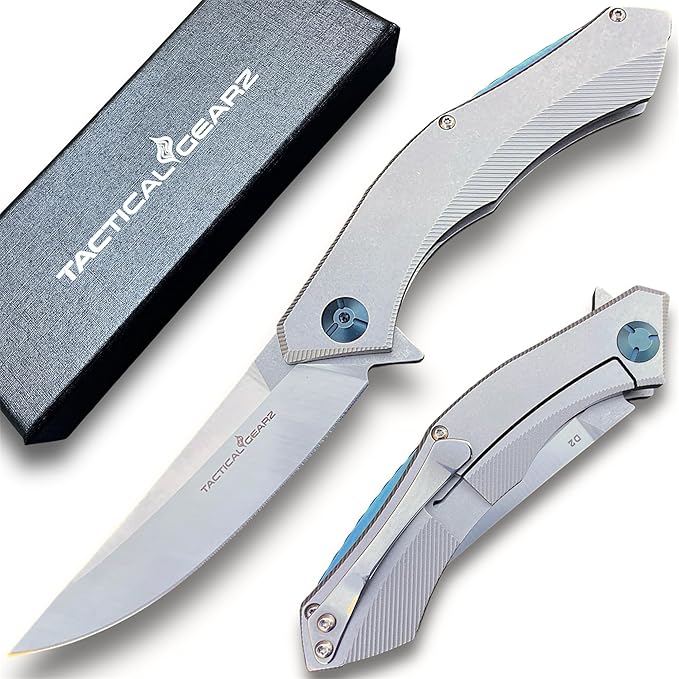 TACTICAL GEARZ Pocket Knife for EDC, Stonewashed Stainless Steel Handle, D2 Steel Blade, Includes