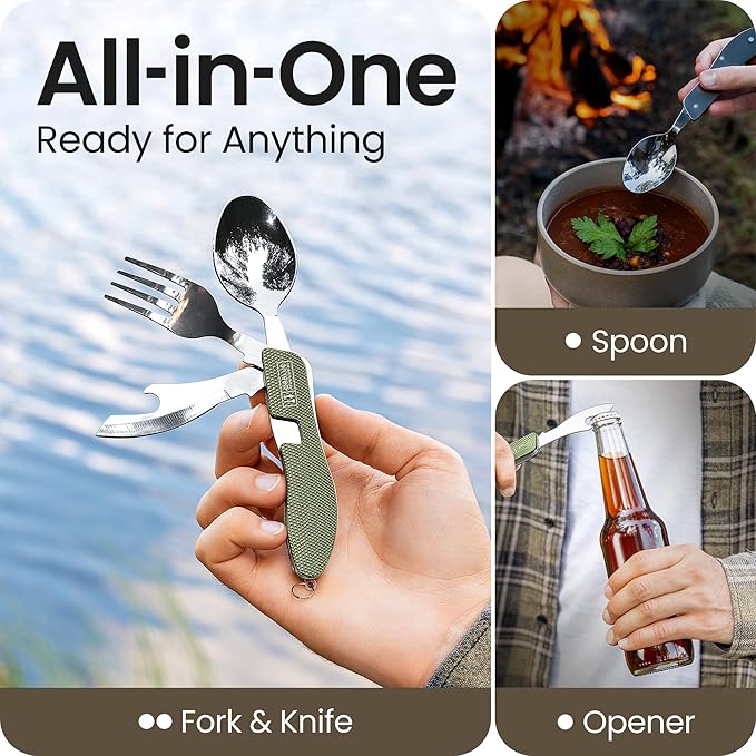 Orblue 4-in-1 Camping Eating Utensils, 2-Pack - Portable Spoon, Fork, Knife & Bottle Opener Combo