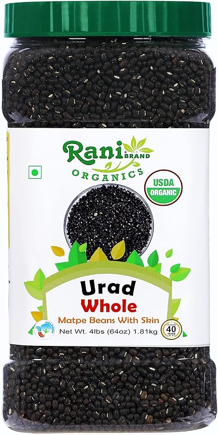 Rani Organic Urid/Urad Whole Black (Matpe Beans With Skin) Indian Lentils 64oz (4lbs) 1.81kg Bulk