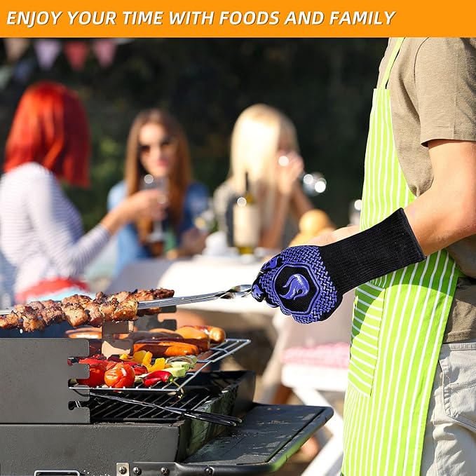 BBQ Fireproof Gloves, Grill Cut-Resistant Gloves 1472°F Heat Resistant Gloves, Non-Slip Silicone