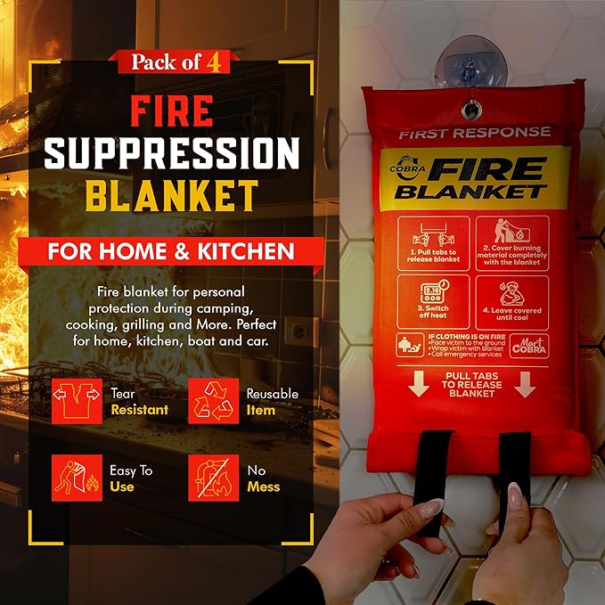 Mart Cobra Emergency Fire Blanket for Home and Kitchen - 4 Pack - Fire Blankets Emergency for Home
