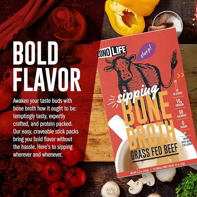 LonoLife Beef Bone Broth Powder Mix | Grass-Fed, 10g Protein | Collagen-Rich, Keto & Paleo Friendly