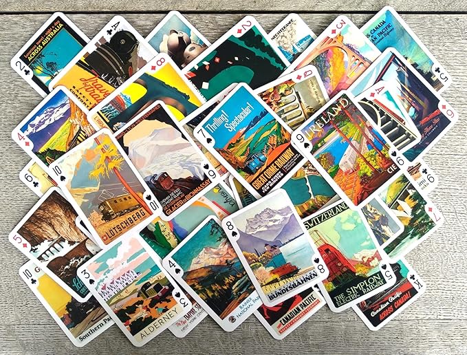 Travel by Train Playing Cards (Poker Deck 54 Cards All Different) Vintage European American Railway