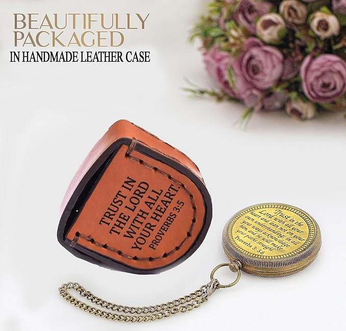 Trust in The Lord With All Your Heart - Proverbs 3:5-6 Quote Engraved Compass With Wooden Box