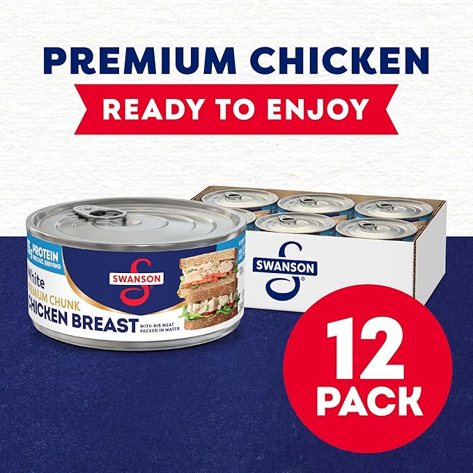 Swanson White Premium Chunk Chicken Breast with Rib Meat in Water, 9.75 oz. Can (Pack of 12)