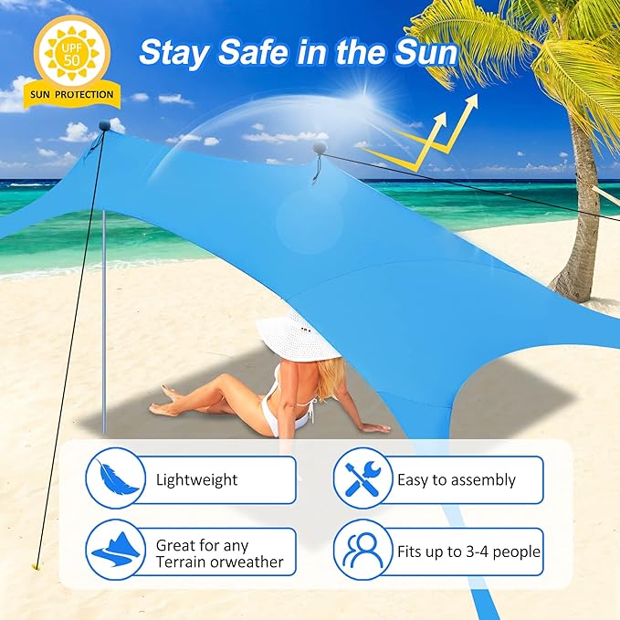 Beach Canopy Tent Sun Shade with UPF 50+ UV Protection, Beach Tent Sun Shelter with Sandbags, Poles