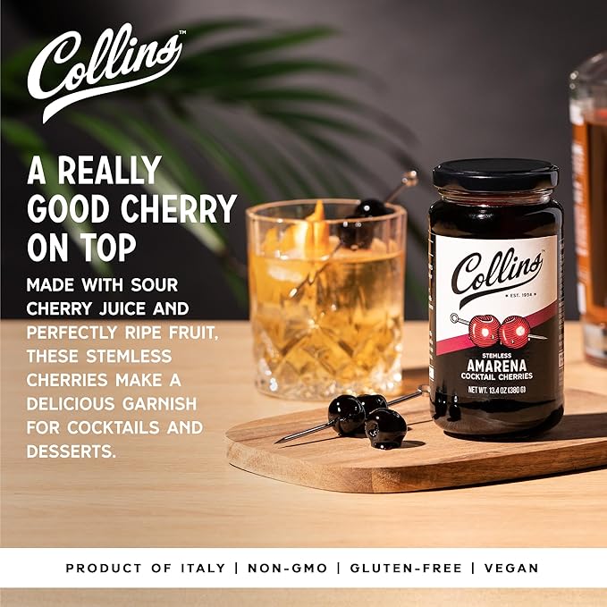 Collins Amarena Cherries in Syrup | Premium Garnish for Cocktails, Martinis, Old Fashioned