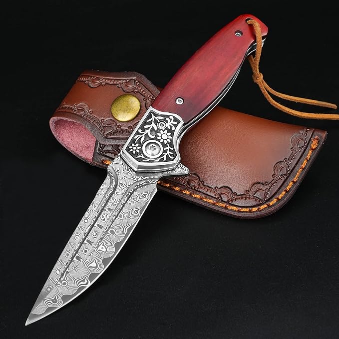 KOMWERO Damascus Pocket Knife, VG10 Damascus Steel Folding Knife with Wood Handle, Leather Sheath